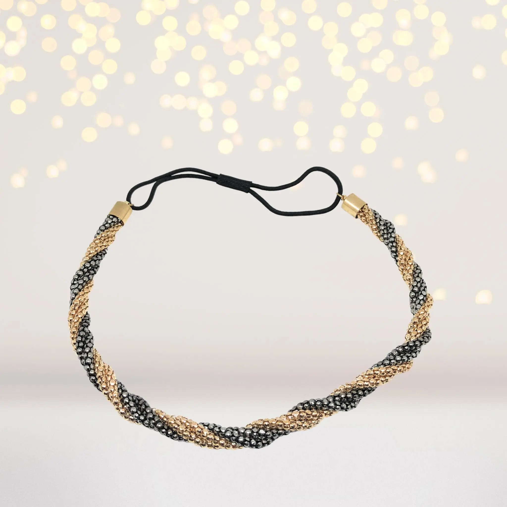 Twist Chains Headband for Women & Tween Girls, Pewter & Gold Braided Halo for Boho Chic Outfits, Zinc Alloy with Adjustable Elastic, 19" Circumference, Casual
