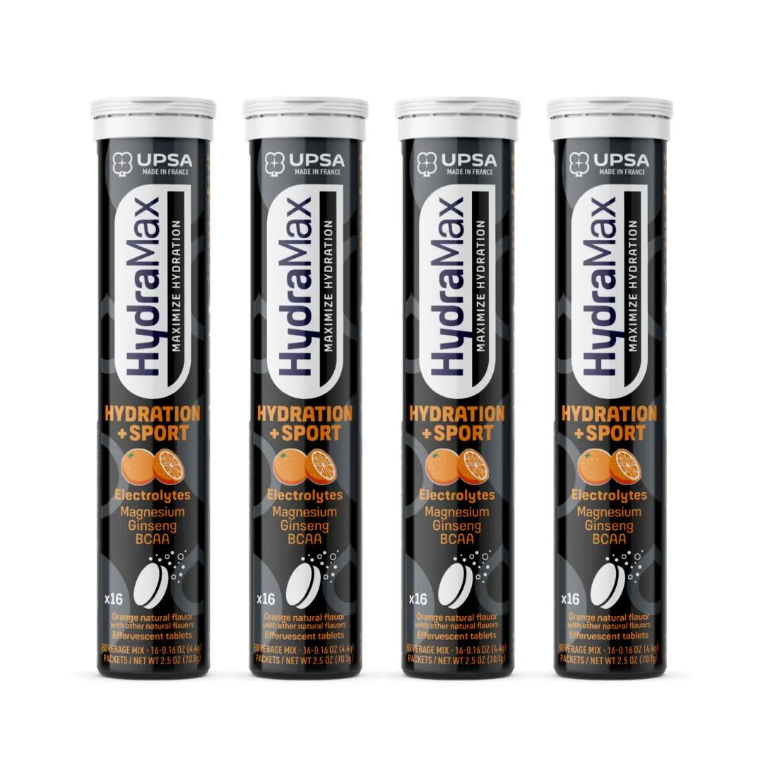 HydraMax Hydration 4 Pack - Sport Effervescent Tablets – Electrolytes with Magnesium, Ginseng & BCAA, Fitness Supplement, Energy Focus, Multivitamin, Orange Flavor, 16 Tablets