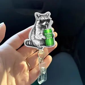 Custom Drink Raccoon Badge Reel, Funny Raccoon Badge Holder, Personalized Animal ID Reel, Nurse Badge Reel, Healthcare Gift