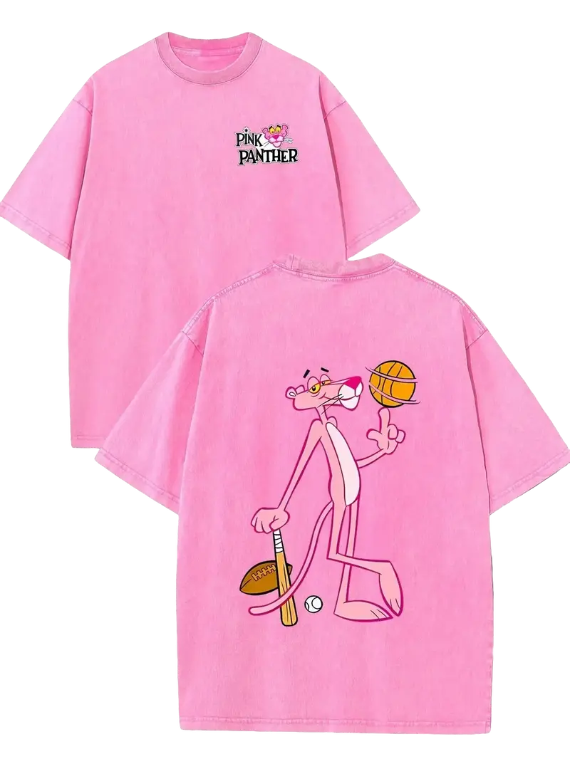 Men's & Women's 230GSM Heavyweight Cotton T-Shirt Retro Y2K Streetwear Style with Pink Panther & Baseball Print Round Neck Short Sleeve Casual Summer Top Machine Washable Unisex Tee