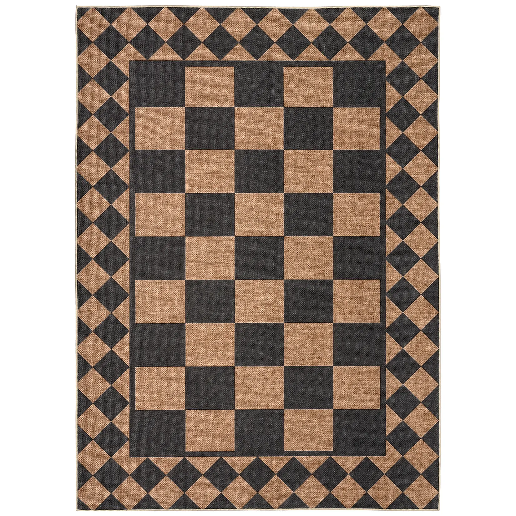 Modern Checkered Washable Jute Area Rug - Non-Slip, mark Resistant, Low Pile Carpet for Living Room, Bedroom, Dining Room - Indoor Outdoor Floor Mat - Brown - Multiple Colors - USA