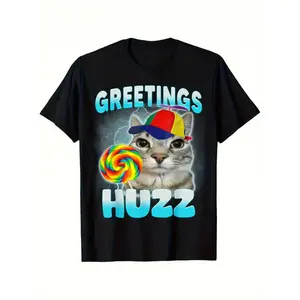Men's Casual Short-Sleeve Collared T-Shirt - Comfy Cotton Fabric, Playful "Where The Huzz At" Cat Meme Design, Streetwear Top for Cat Lovers