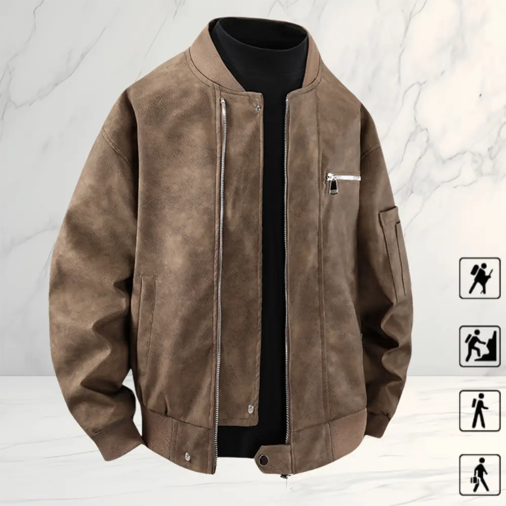 Vintage faux suede aviator baseball jacket with a European/American workwear casual vibe, featuring side storage pockets and a metal zipper design, a slightly loose fit, and versatile outerwear for adult men’s everyday outings. travelessentials