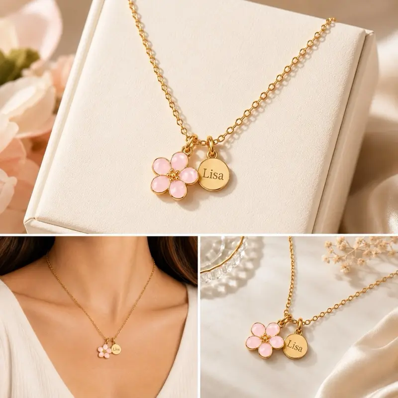 Cherry Blossom Flower Pendant with Custom Name, Date & Text | Personalized Gold Necklace Gift for Her