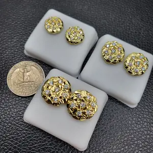 MaxBling81 3 PCS High Quality Brass Golden Nugget Cookie-Shape Iced Cubic Zirconia Stud Earrings - Unisex, 3 Sizes, Fashion Costume Jewelry Accessories, High Quality Earrings