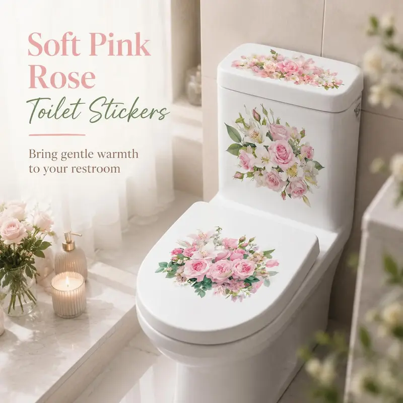PVC Decorative Decal Set 3-Piece Self-Adhesive Floral Matte Design, Luxury Look Bathroom Accessories, Easy Apply Removable
