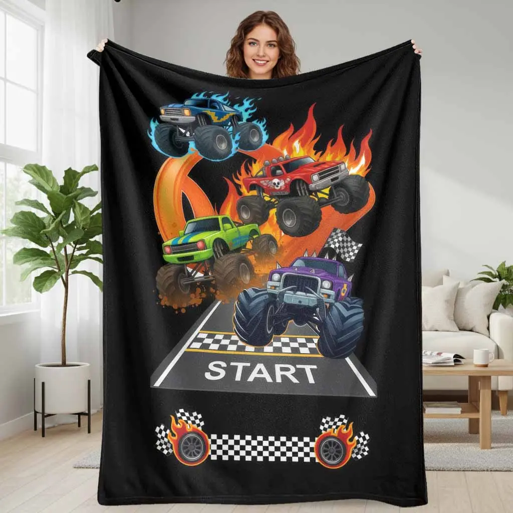 Monster Truck Flannel Blanket Racing Flames Checkered Flag Print Soft Warm Durable Flannel Throw Blanket for Bedroom Sofa Road Trip Camping Lightweight Cozy Fleece Blanket Gift for Fans