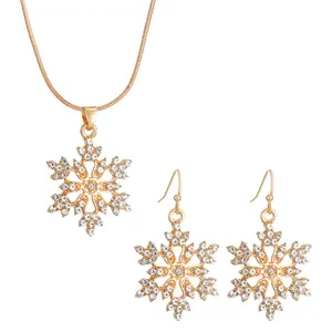 Women Snowflake Jewelry Set: Ladies Gold 2 PCS Cubic Zirconia Hook Holiday Necklace Drop Dangle Earrings for Party Gifts