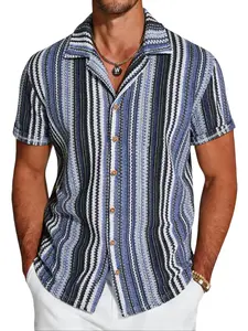Men's Cuban Collar Striped Button Down Shirt | Breathable Openwork Lace Short Sleeve | Summer Casual Beach Top for Men | Trendy Streetwear