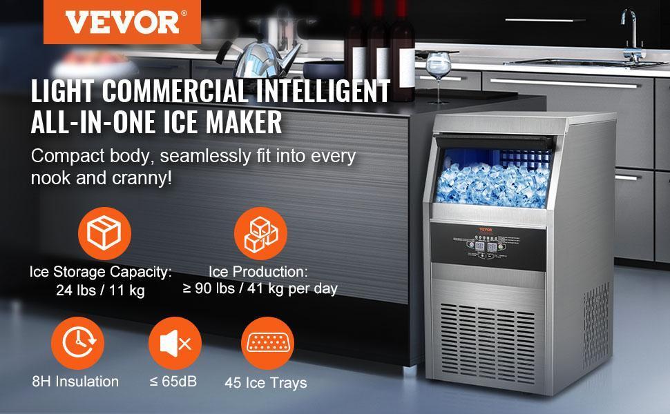 【Summervibes】VEVOR 110V Commercial Ice Maker Machine 120-130LBS/24H with 33LBS Bin,  Stainless Steel Automatic Operation Under Counter Ice Machine for Home Bar, Include Water Filter, Scoop VEVOR Super Brand Day