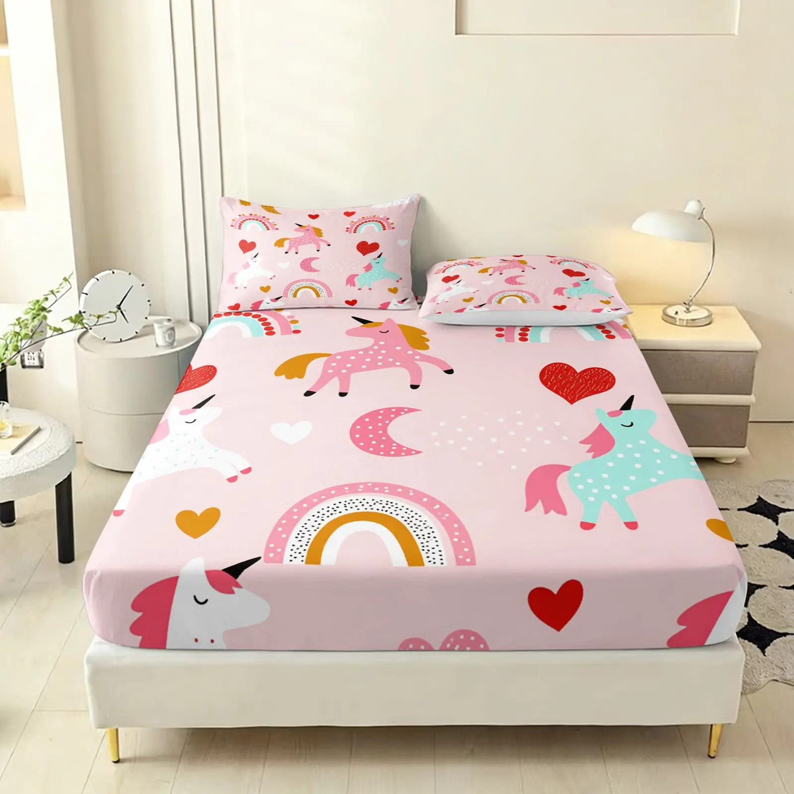 Valentine's Day Unicorn Bedding Set, Bedsheets, Bed Linens, Heart & Rainbow Design, Includes 1 Fitted Sheet and 2 Pillowcases, No Pillow Inserts Included