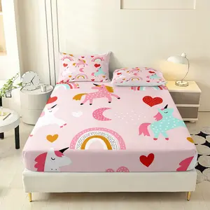 Valentine's Day Unicorn Bedding Set, Heart & Rainbow Design, Includes 1 Fitted Sheet and 2 Pillowcases, No Pillow Inserts Included