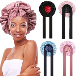 Pink Satin Bonnet for Sleeping Silk-Like Night Cap Double Layer Hair Bonnet with Elastic Tie Band for Curly Hair Haircare Sleep Cap