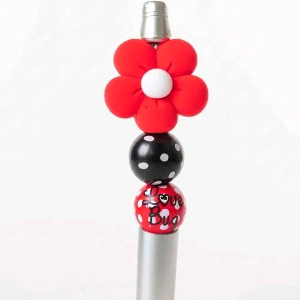 Red Flower & Love Bug Beaded Pen Topper