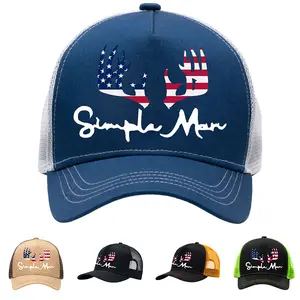 America Hunting Trucker Hat Simple Man Cap for Men Women - Adjustable Cap Camping Wilderness Outdoor Baseball Caps, Blue and White Mesh Design, Casual Style Gift Baseball Cap for Hiking & Camping