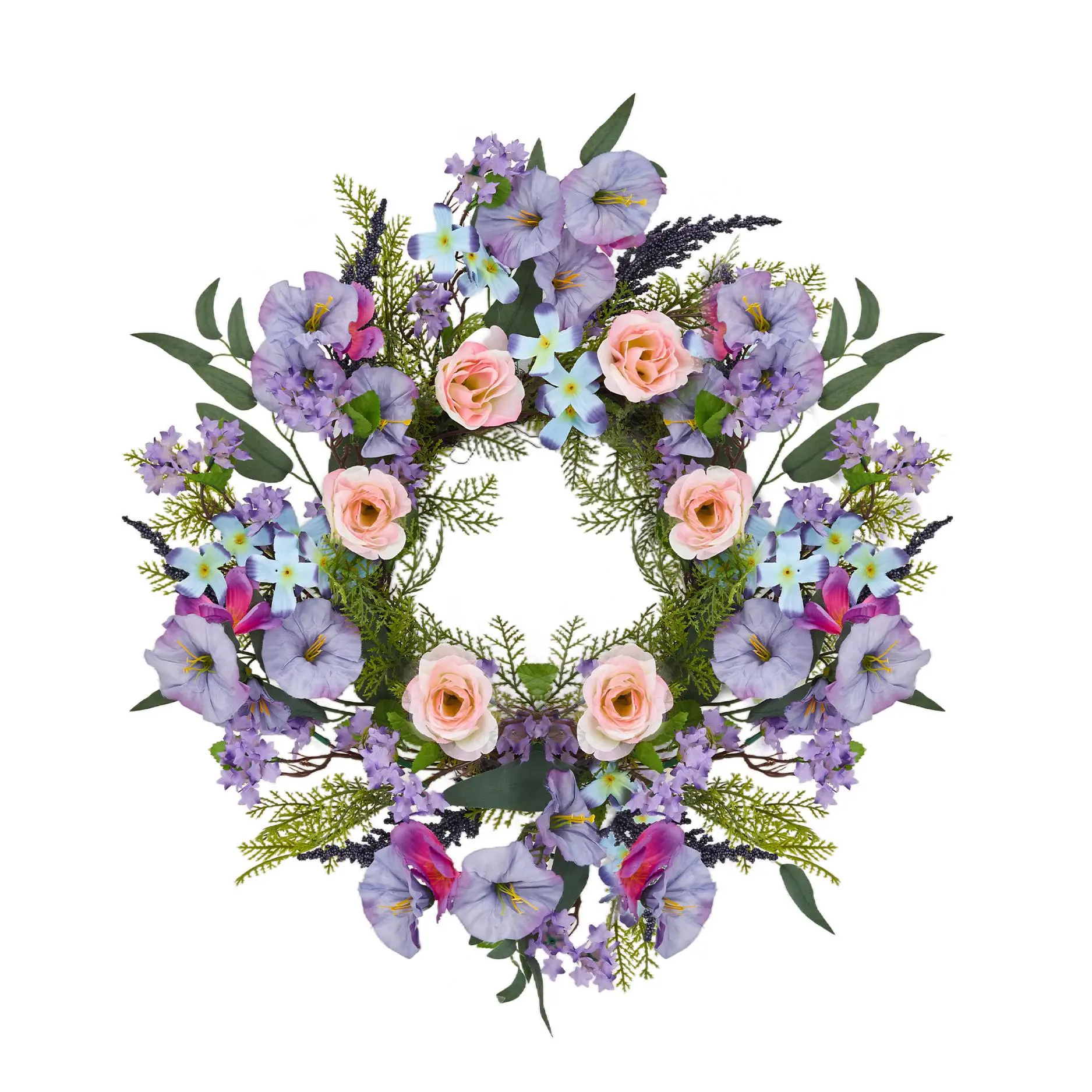 20in Trumpet Rose Wreath, Purple & Pink Artificial Floral Wreath, All-Season Farmhouse Front Door Decor, Great Mother's Day Home Gift