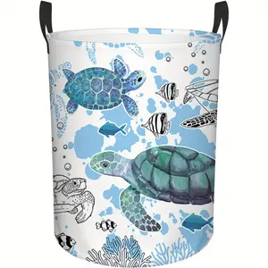 Sea Turtle Laundry Basket - 11.36 Gallons of Foldable with Handle Laundry Basket, An Ocean-themed Round Storage Box Suitable for Toys and Home Use, Made of Durable Polyester Fiber, 13.8x17.7 Inches, with Spill-proof Design, Laundry Basket