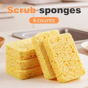 6 Counts Cleaning Scrub Sponge, Natural Wood Pulp Sponge, Non-Scratch Compressed Cellulose Sponges for Kitchen Bathroom Cars, Yellow and so on