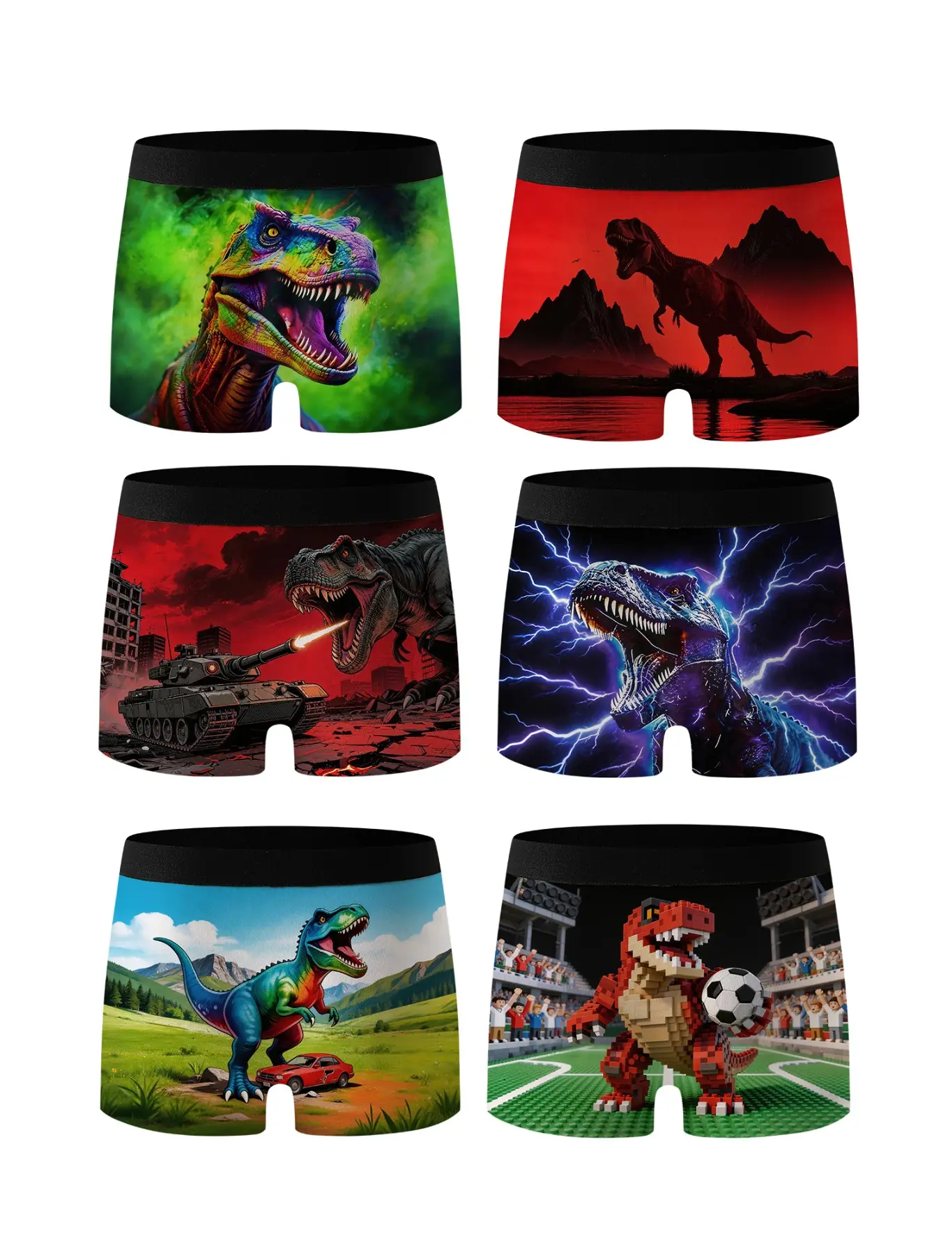 6-Pack Boys' Briefs with Dinosaur Print, Soft Comfortable Printed Underwear for Cycling Swimming Outdoor Activities, All-Season Home Wear, Underwear Undergarments