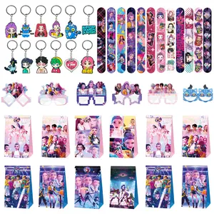 Korean cartoon girl group party gift set of 4 pieces, including 12 keychains, 12 bracelets, 12 gift bags, and 12 decorative glasses. This will be a unique party where everyone has their own gift.