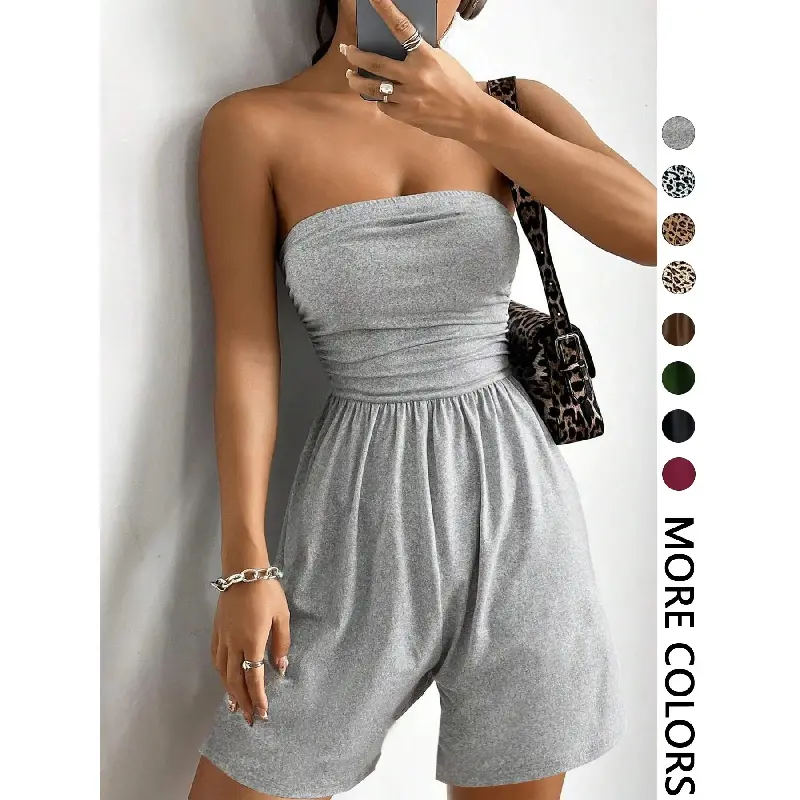 Women's Solid Color Strapless Cold Shoulder Bodycon Romper - Machine Washable, Quick-Drying for Summer Daily Wear