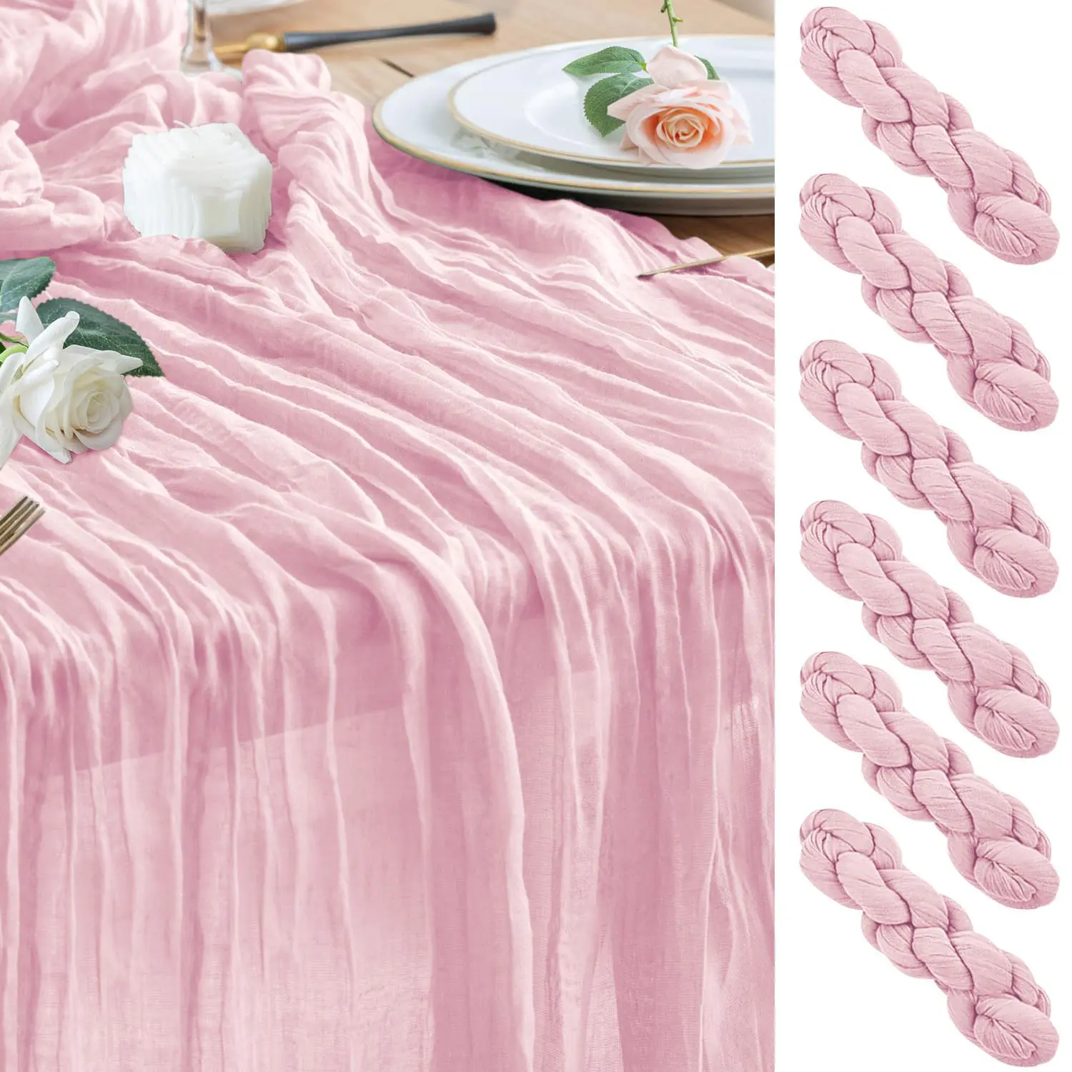 Boho Rustic Gauze Cheesecloth Table Runner, 6/10-Pack Pink Sheer Long Table Linen for Bridal Shower, Wedding & Home Decor (Textiles & Soft Furnishings, Kitchen Linens)