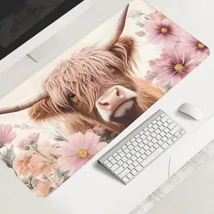 Highland Cow large-sized gaming mouse pad, floral desktop pad, Non slip mousepad, Desktop accessory, anti-slip rubber lock edge high-definition printing, suitable for computers, offices, homes, as a gift for family and friends