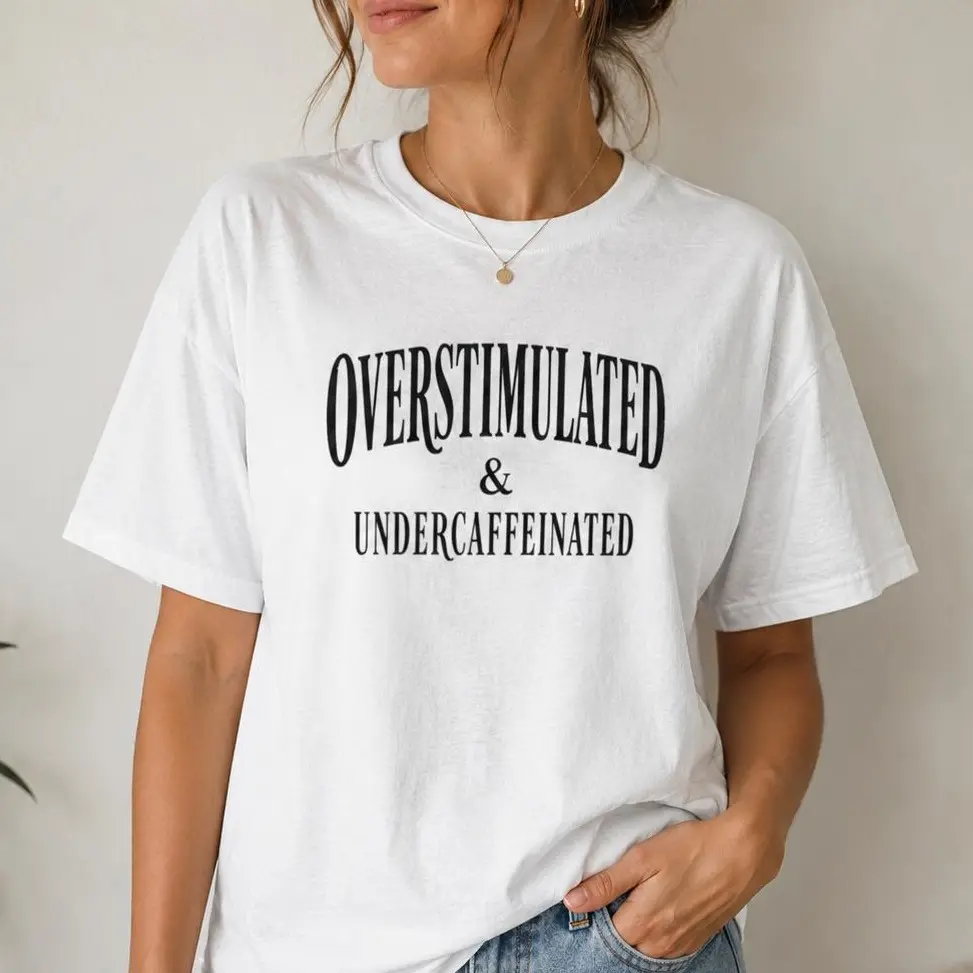 Women's Casual Ribbed Solid Short-Sleeve Printed Funny Stress Tee - Overstimulated & Undercaffeinated Design, Shortsleeve