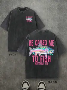 Retro Washed T-Shirt Double Sided Printed (230 Pure Cotton T-Shirt) 'HE CALLED ME TO FISH' Letter And FISH Pattern Print, Mens TShirt, Mens Shirt Casual, Comfortable, Fashionable T-Shirt, Street Style Cotton