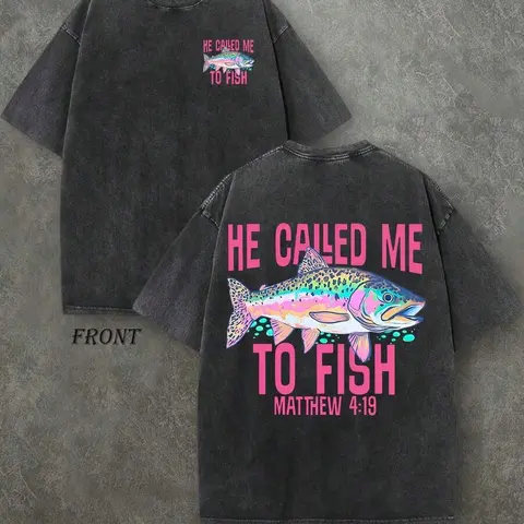 Men's 230 Pure Cotton Retro Vintage Washed Double-Sided Printed T-Shirt - 'HE CALLED ME TO FISH' Letter Art, Fish Pattern, Relaxed Fit, Chic Street Vibe, Day Wear, Gifts for Boyfriends Comfortable Top