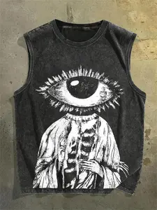 Men's Eye Print Round Neck Tank Top, Regular Fit Casual Sleeveless Top for Daily Wear, Men's Clothes for All Seasons, Socks