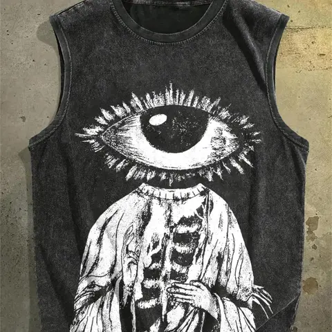 Men's Eye Print Round Neck Vest Tank Top, Regular Fit Casual Sleeveless Printed Tank Tops for Daily Wear, Men's Clothes for All Seasons, Socks