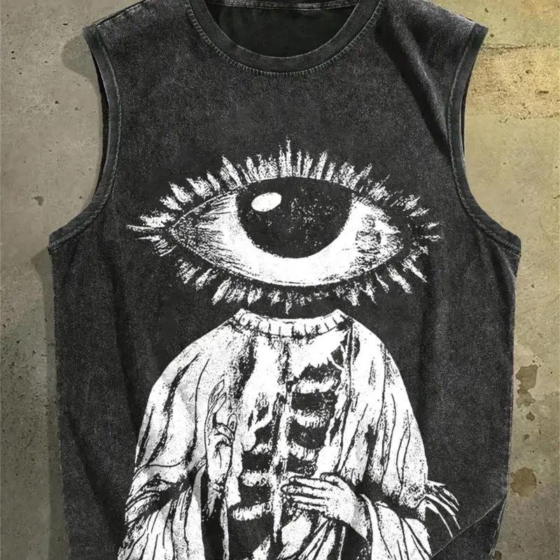 Men's Eye Print Round Neck Vest Tank Top, Regular Fit Casual Sleeveless Printed Tank Tops for Daily Wear, Men's Clothes for All Seasons, Socks