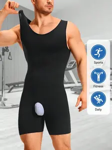 1 Count Men's Shapewear Bodysuit, Tummy Control Chest Compression Body Shaper, Breathable Comfortable Soft Stretch Fitness Clothes Shorts, Body Shaper Jumpsuit, Suitable For Daily, Sport, Training
