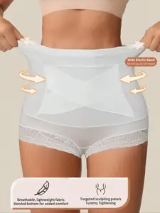 Women's High Waist Shapewear Panties, Lace Patchwork Sexy Feminine Underwear, Seamless Smooth Butt Lifting, Daily Casual High Waist Briefs