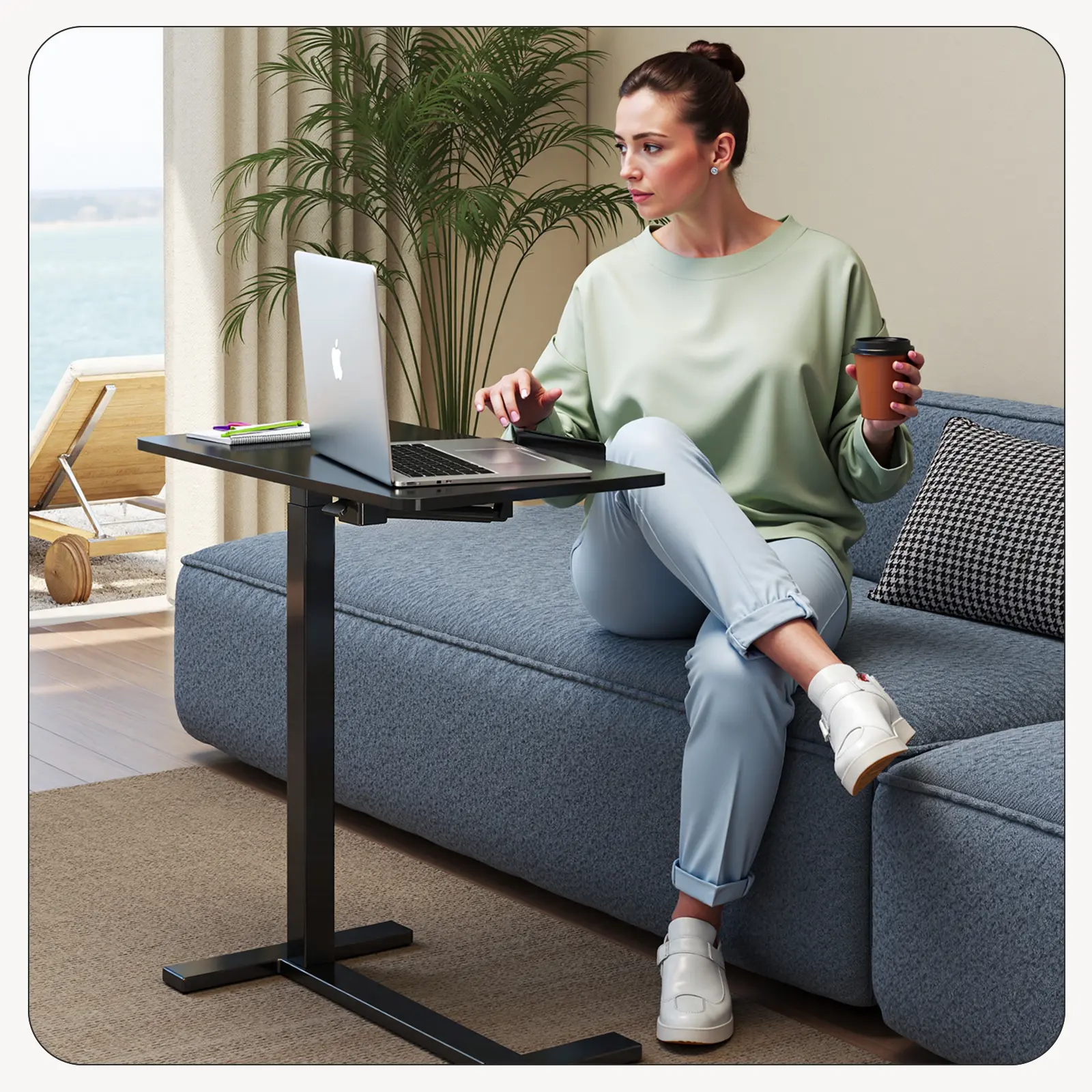 Adjustable Tilting Desktop-Overbed Table with 0°-70° Tilt Range, Durable Stainless Steel Latch, Smooth Pneumatic Adjustment, 360° Swivel Wheels, Stable H-Base, Easy Installation