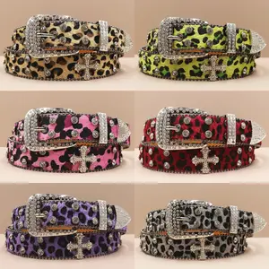 Leopard print Rhinestone Leather Belt for Men Women Large Size Belt Western Jeans Shiny Rivet Hip-hop Punk Rock Y2K Style