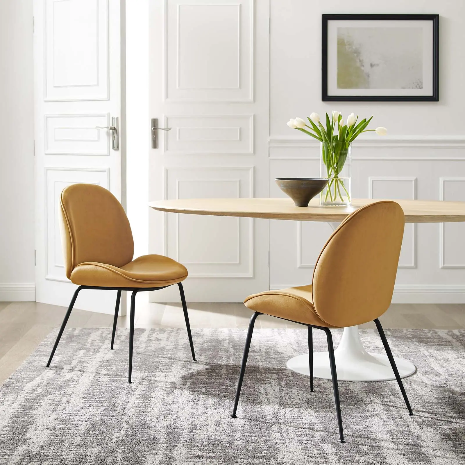 Modway Scoop Black Powder Coated Steel Leg Performance Velvet Dining Chairs - Set of 2 in Cognac, Modern Dining Chairs, Chairs With Cushions