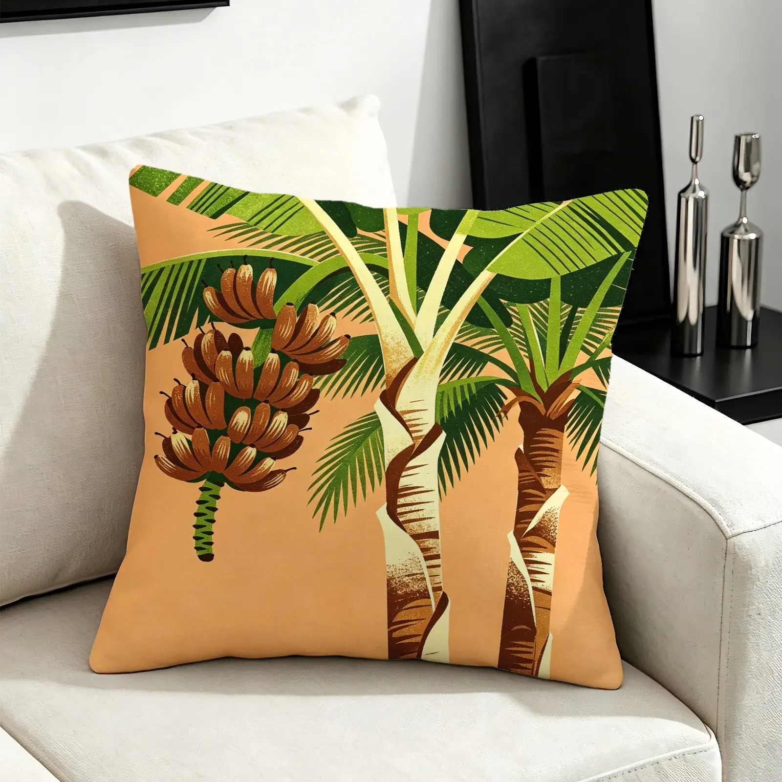 Retro Tropical Banana Tree Throw Pillow, Soft Microfiber, All-Season, Perfect for Sofa, Bedroom, Cafe Decor & Gift
