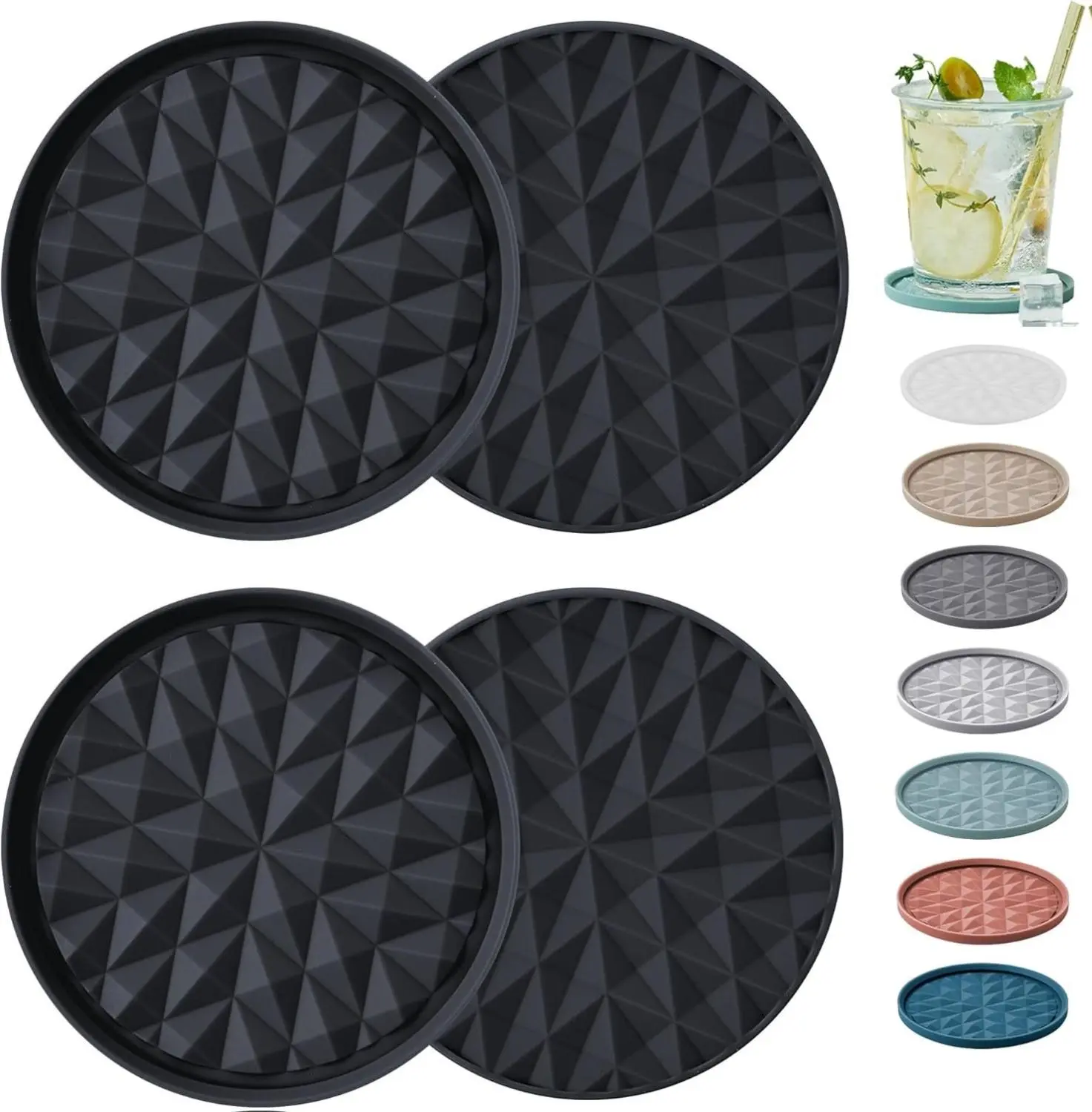 Black 4-Pack Bendable Anti-Slip Silicone Circular Placemats & Coasters Set - Aesthetic Diamond Pattern Kitchen Tableware, 10cm Diameter, Non-Stick Tabletop Protection, Reusable, Dishwasher Safe, Birthday Gift-Ready Decor