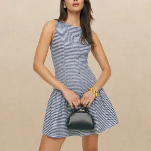 SCUSTY Womens Plaid Sleeveless Mini Dress Boat Neck Zipper Back Pleated Backless Drop Waist Sundress Summer Womenswear