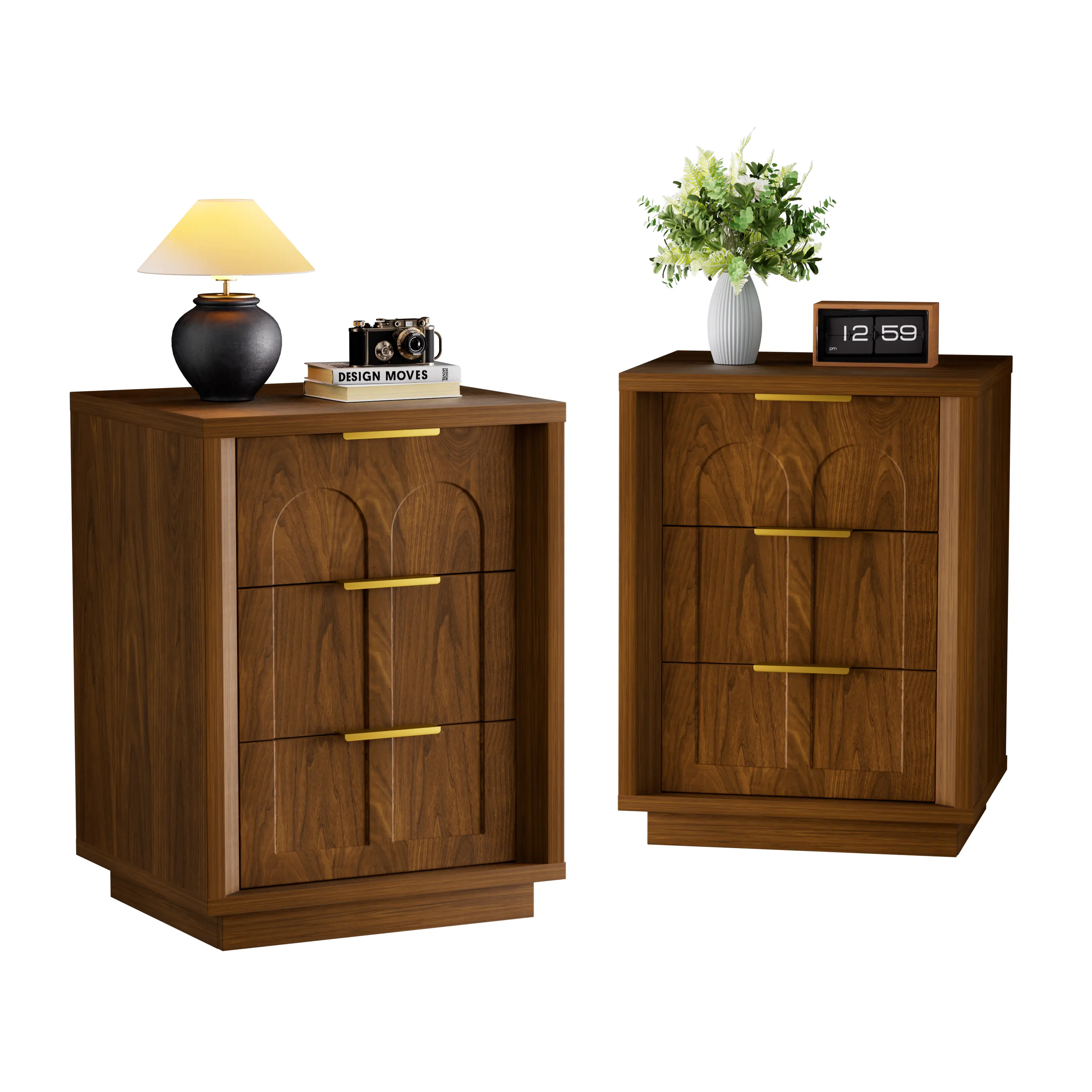 2-Pack Nightstand Set with Arched Grooves & 3 Drawers, Mid-Century Modern Storage Side Table for Bedroom, Living Room, Office, Walnut Finish