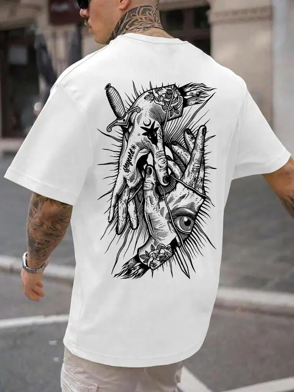 Men's Cotton Crew Neck Short-Sleeve Tee - Playful Cartoon Hands Print, Loose-Fitting, Relaxed Drop Shoulder, Casual Streetwear Top for Summer Daily Wear
