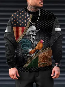 Men's Patriotic Skull & Rooster Graphic Sweatshirt, Casual Polyester Blend, Long Sleeve Round Neck Pullover, American Flag Design