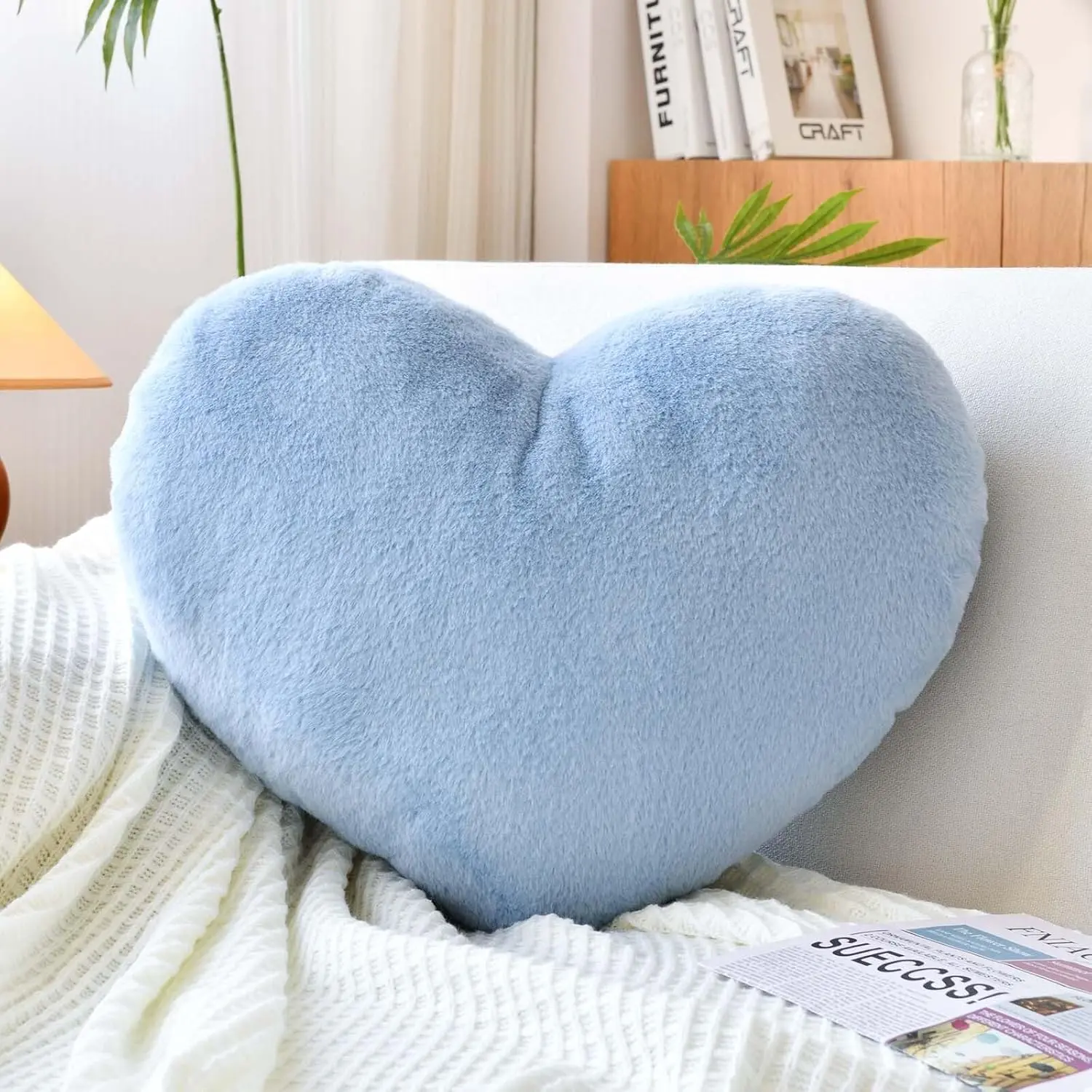 Dusty Blue Heart Pillows, Cute Heart Decorative Pillow, Heart Shaped Throw Pillows for Bed, Faux   Plush Hoom Decor Pillow Cushion for Chair Sofa Living Room (Medium-15.7"x11.8")