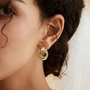Women's Gold-Plated Brass Chunky Knot Drop Earrings, Geometric Statement Dangle Earrings, Lightweight Fashion Jewelry Gifts, Brass Earrings