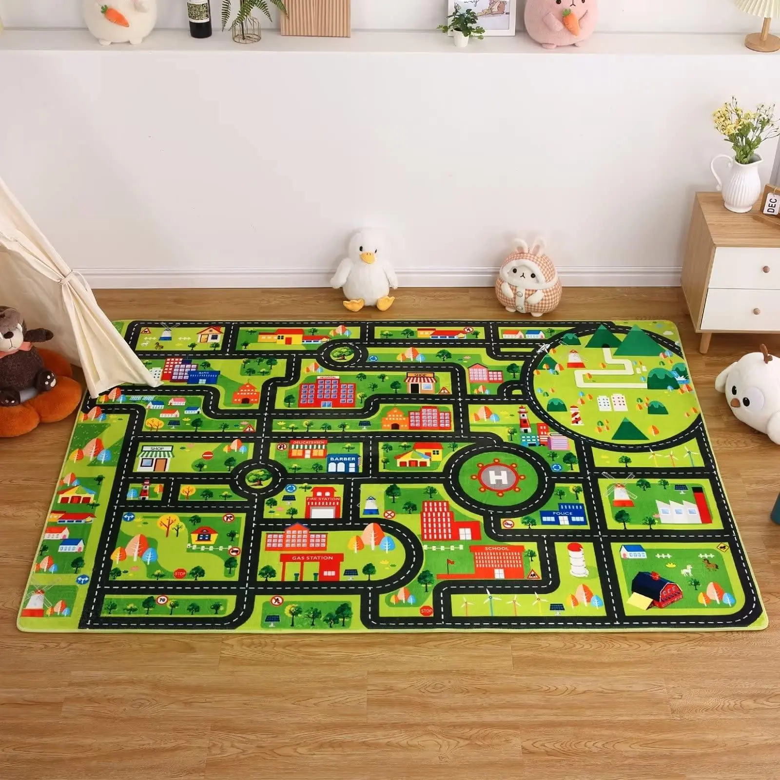 Kids Playmat Car Rug, City Life Fun Carpet Educational Car Rugs for Kids Play with Cars and Toys Road Traffic Play Mat for Bedroom Playroom Classroom ,  Black Streets