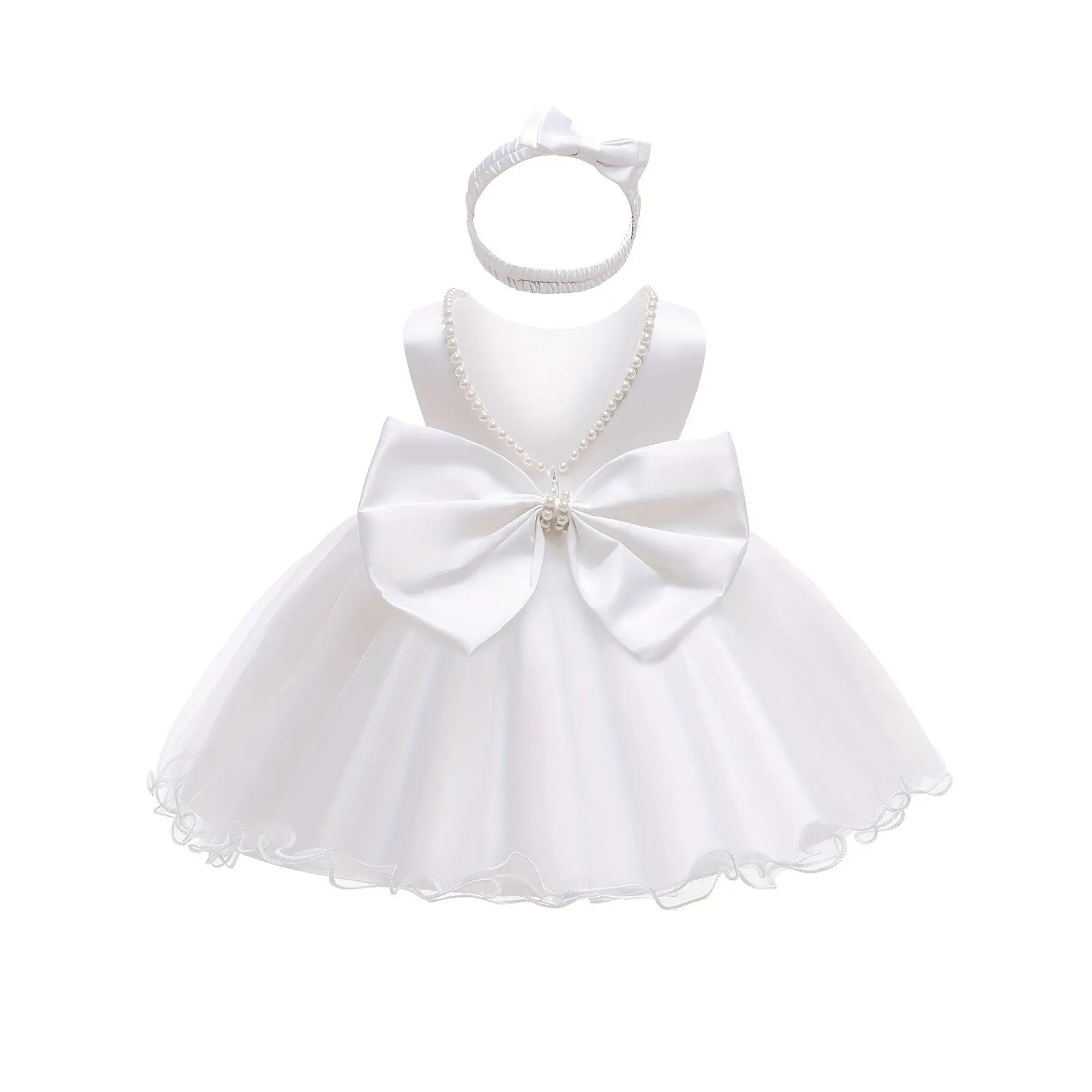 Baby Girls Ruffle Lace Backless with Headwear Bowknot Princess Dresses Pageant Party Wedding Christening Baptism White Ball Gow-Dyh