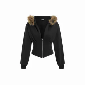 Cider Terry Faux Fur Trim Corset Half Zip Hoodie