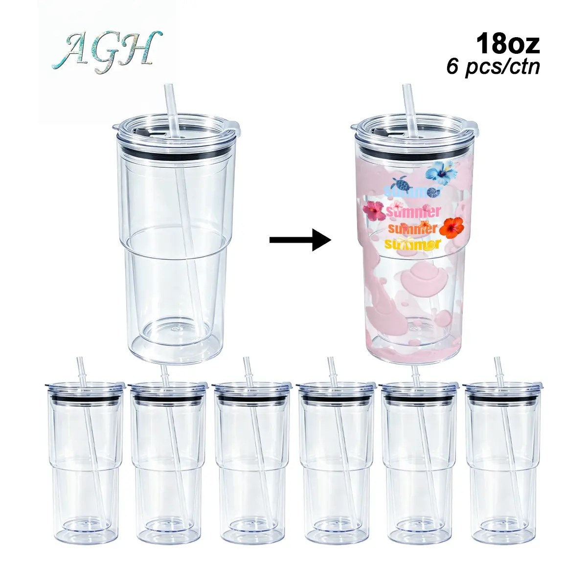 AGH US 6/20pcs 18oz Snow Globe Plastic Tumbler with Clear Lid Double Wall Water Bottle with Pre Drilled Hole and Plug for DIY Glitter Gifts